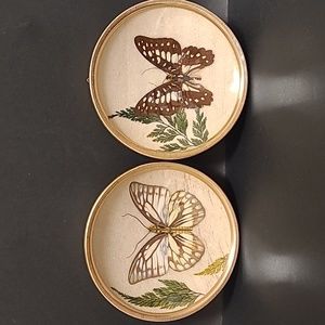Set of 2 Vintage Dry Pressed Concave Glass Morpho Butterfly Collector Plate